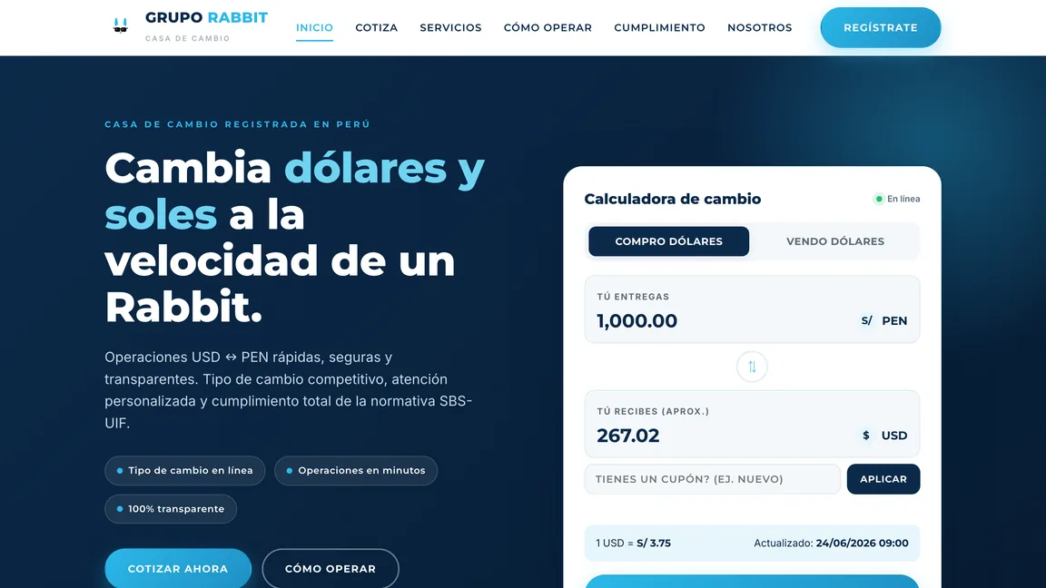 Portada de Grupo Rabbit, con la calculadora de tipo de cambio