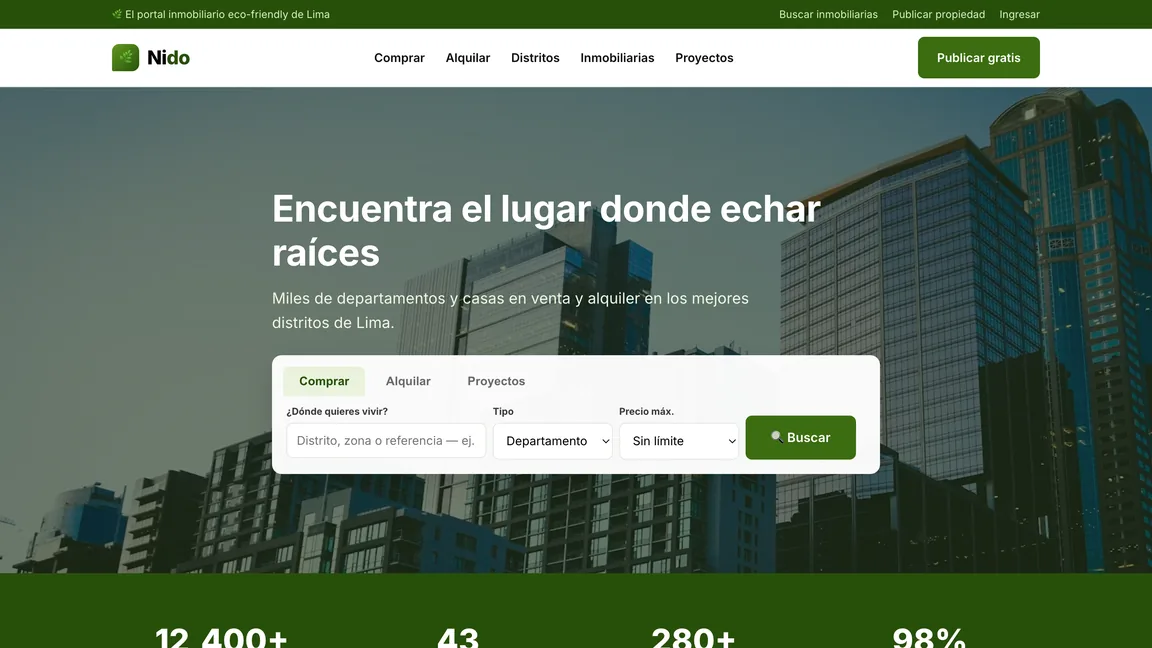 Portada de Nido Inmobiliario, con el buscador de propiedades por distrito
